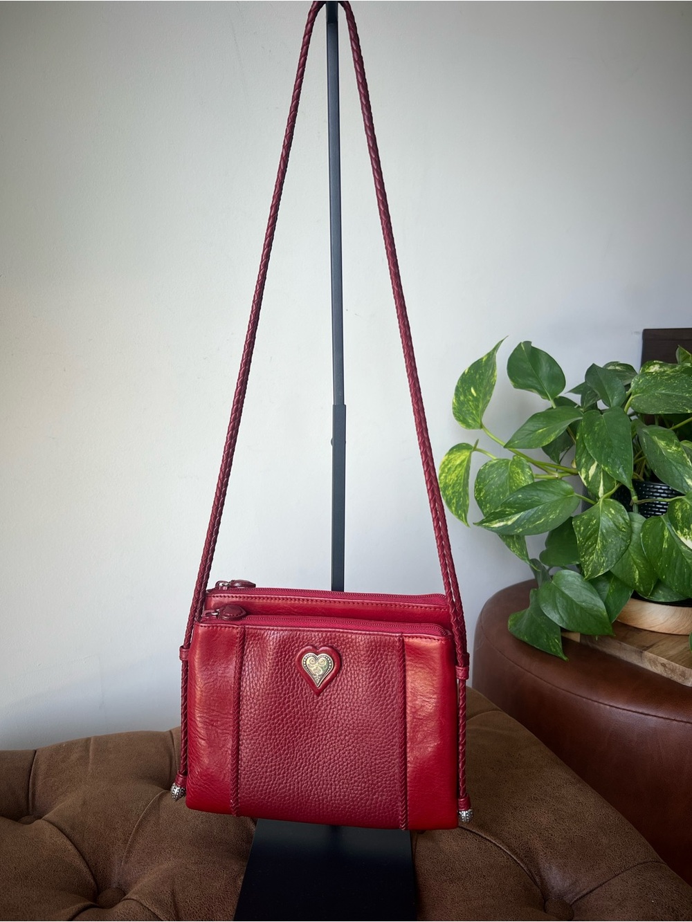 Brighton Red Leather Small Crossbody Handbag w/braided Shoulder Straps EUC